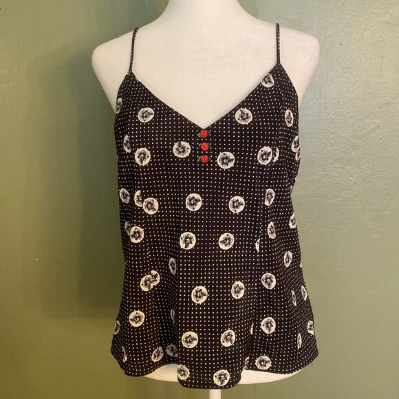 Y2K Circa 2000 Tank Top Women's Large USA Made Black White Polka Dots Floral - Picture 1 of 8